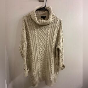 Beige Turtle Neck Sweater Dress Top with Pockets